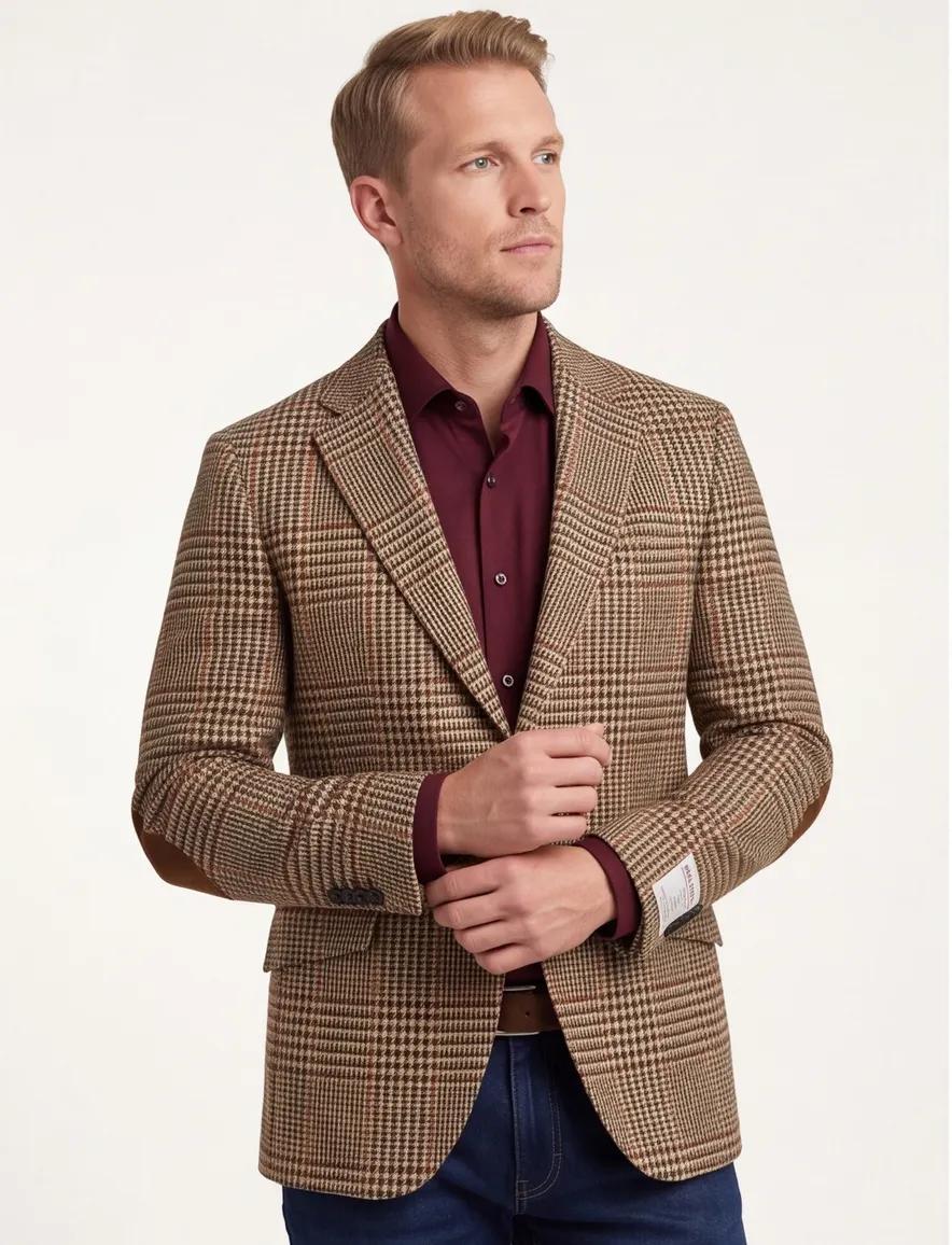 Wellington of Bilmore colbert beige geruit wol normale fit