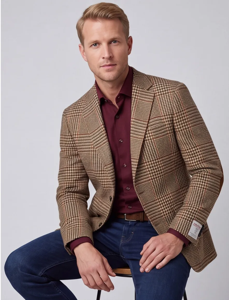 Wellington of Bilmore colbert beige geruit wol normale fit