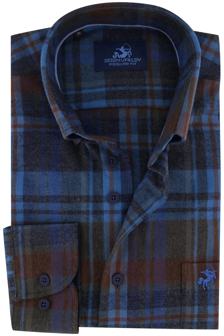 Eden Valley casual overhemd wijde fit blauw geruit katoen