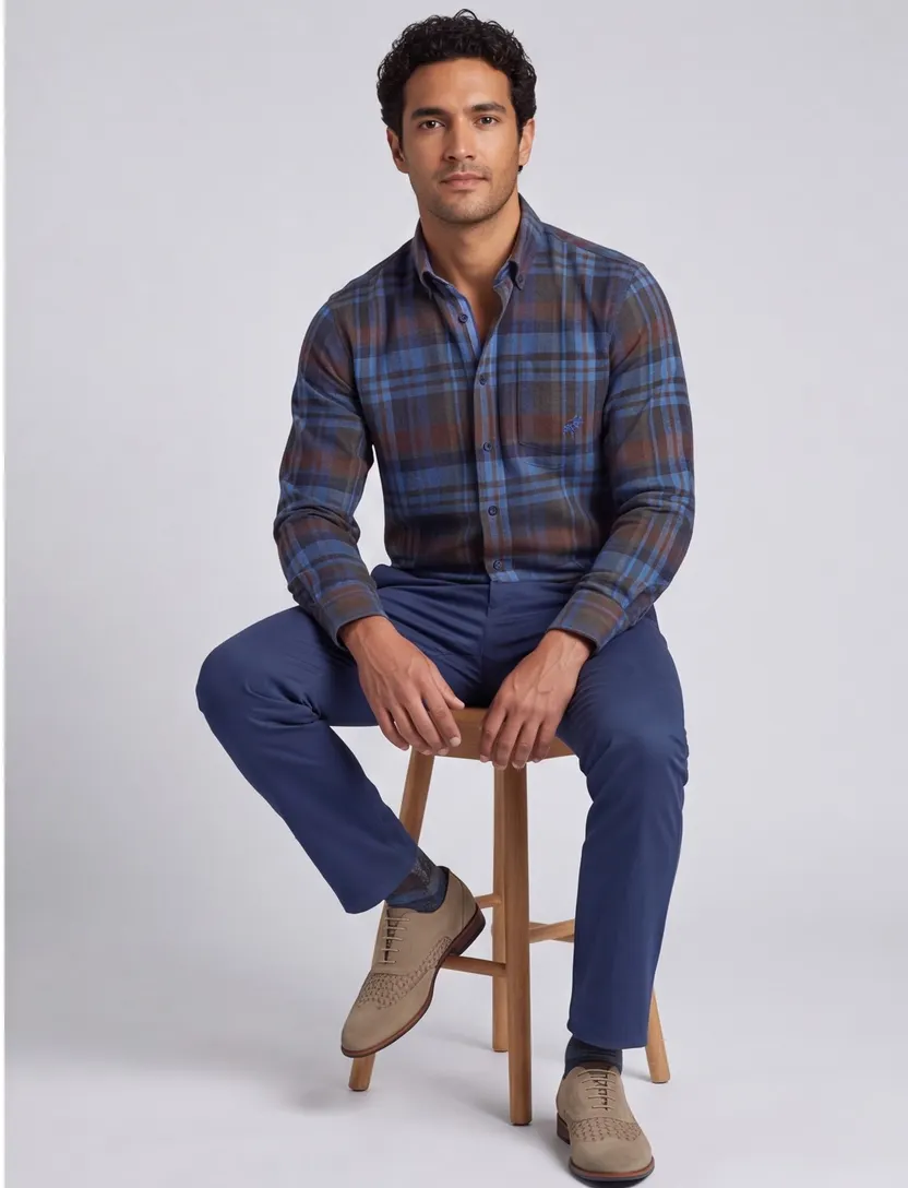 Eden Valley casual overhemd blauw geruit katoen regular fit