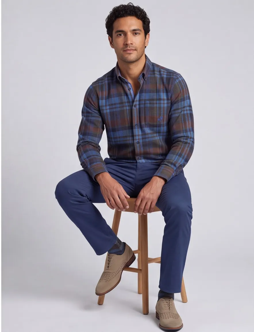 Eden Valley casual overhemd wijde fit blauw geruit katoen