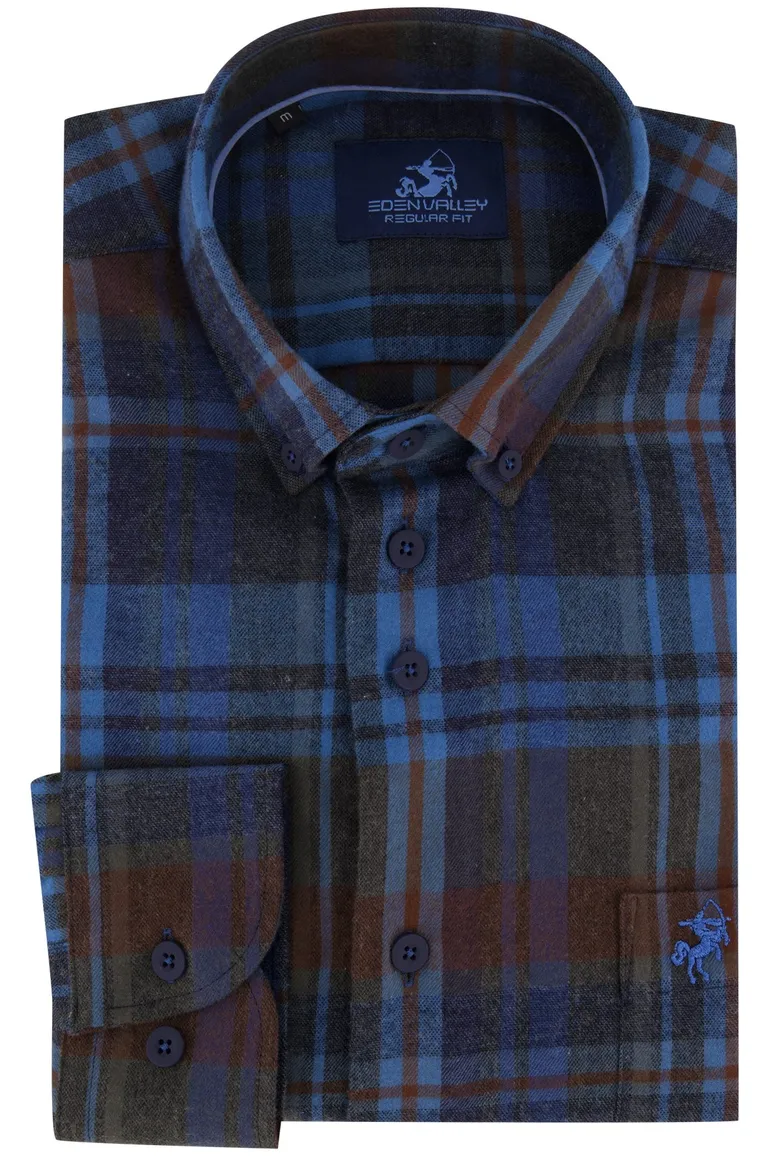 Eden Valley casual overhemd wijde fit blauw geruit katoen