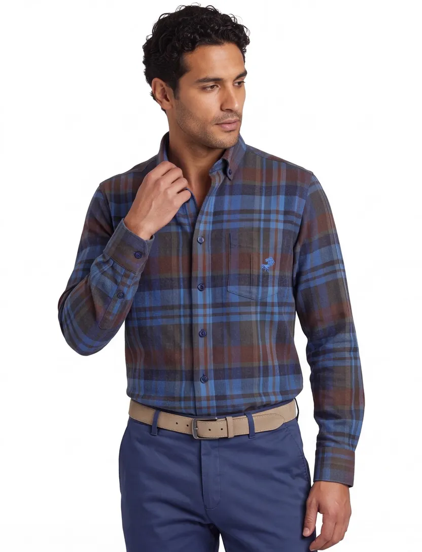 Eden Valley casual overhemd blauw geruit katoen regular fit