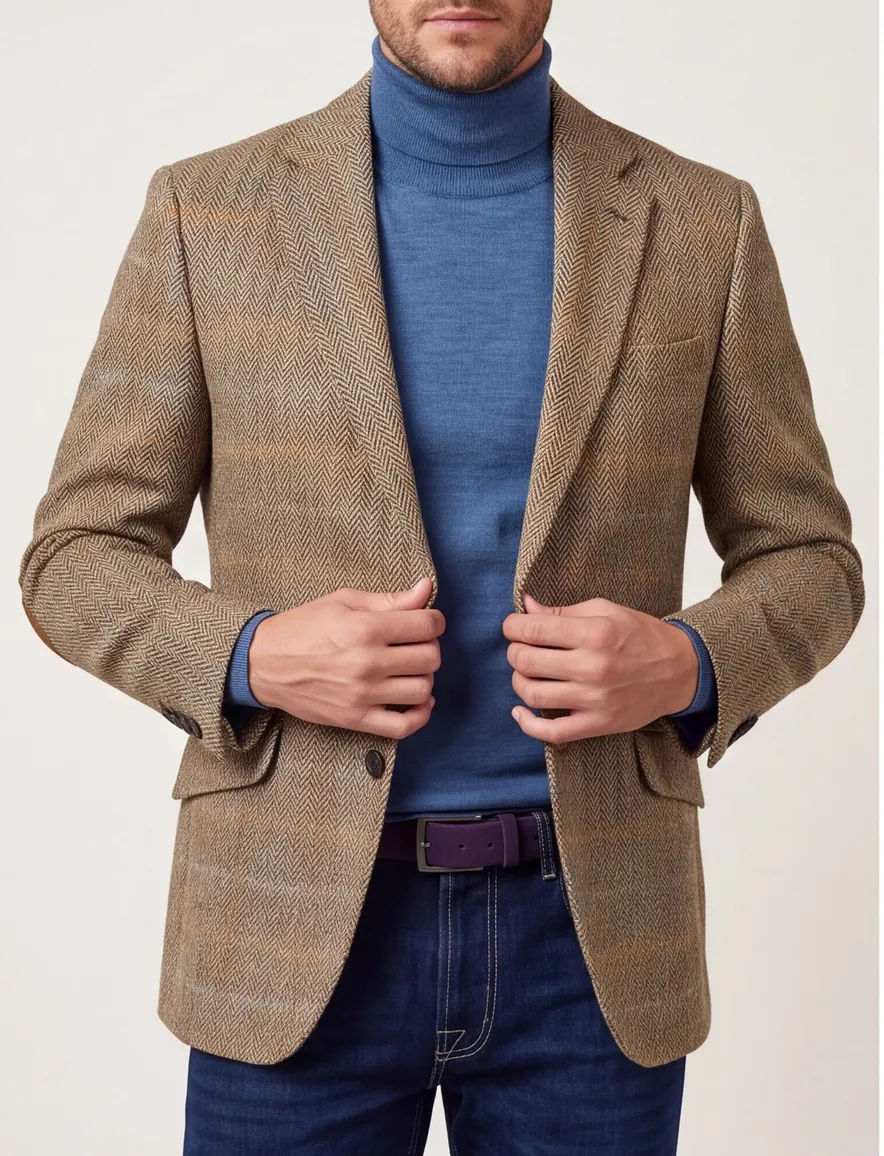 Wellington of Bilmore colbert beige geruit wol slim fit