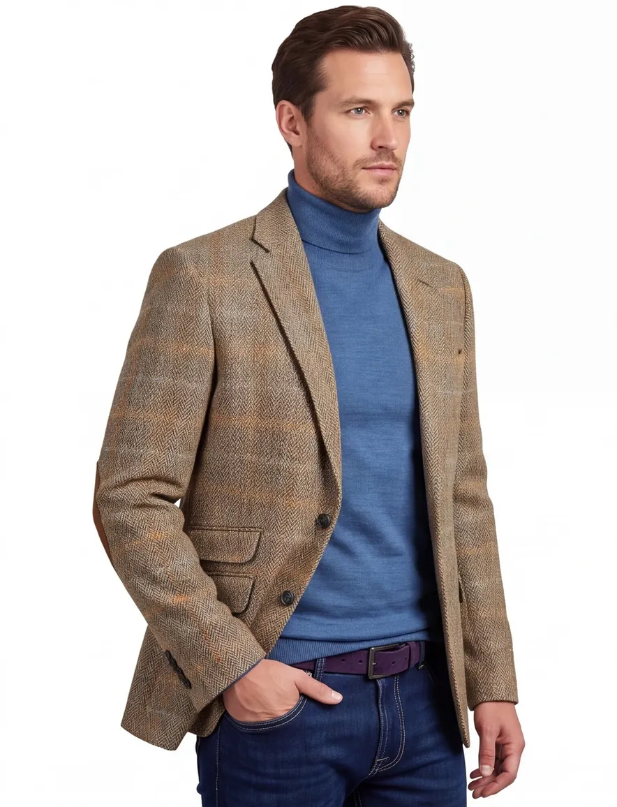 Wellington of Bilmore colbert beige geruit wol slim fit