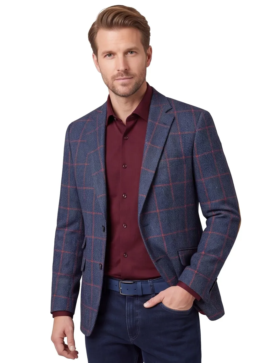 Wellington of Bilmore colbert blauw geruit wol normale fit
