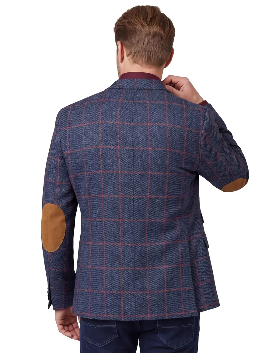 Wellington of Bilmore colbert blauw geruit wol normale fit