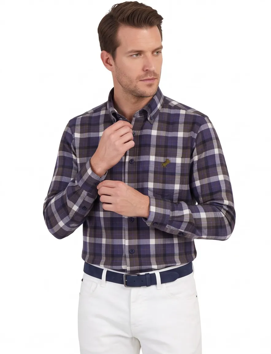 Eden Valley casual overhemd normale fit paars geruit katoen
