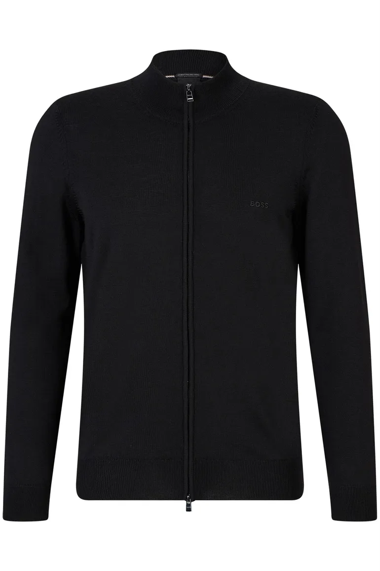 vest Hugo Boss zwart effen merinowol opstaande kraag rits