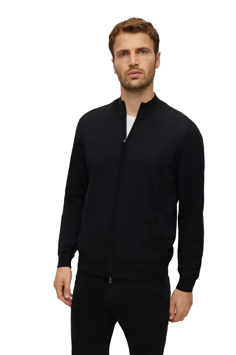 vest Hugo Boss zwart effen merinowol opstaande kraag rits