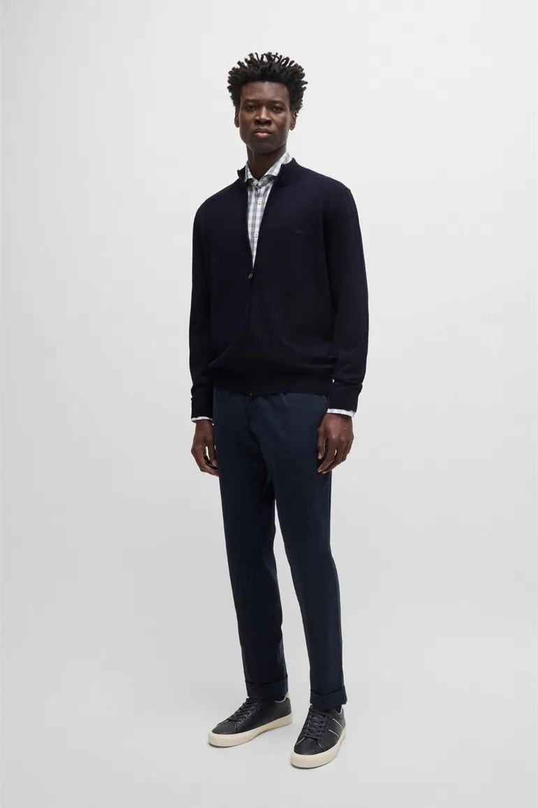 vest Hugo Boss blauw effen wol opstaande kraag rits