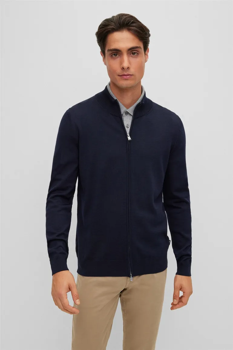 vest Hugo Boss blauw effen wol opstaande kraag rits