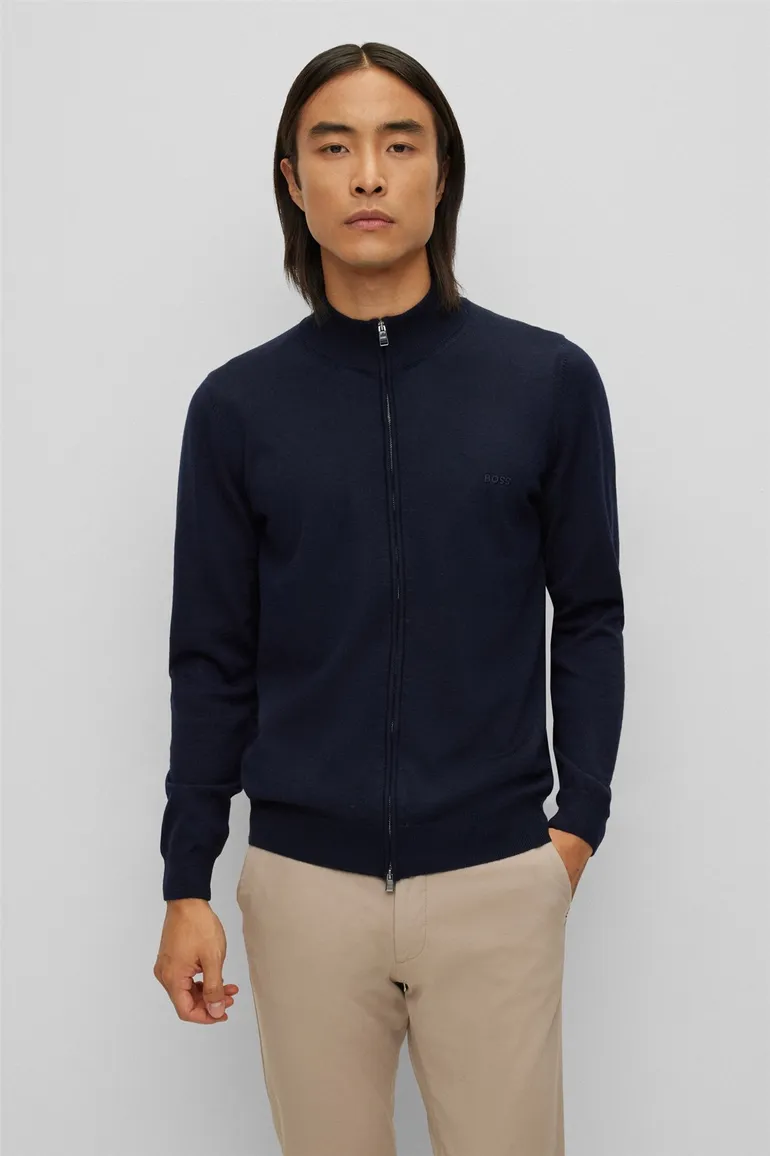 vest Hugo Boss blauw effen wol opstaande kraag rits