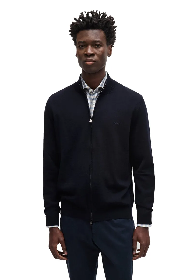 vest Hugo Boss blauw effen wol opstaande kraag rits