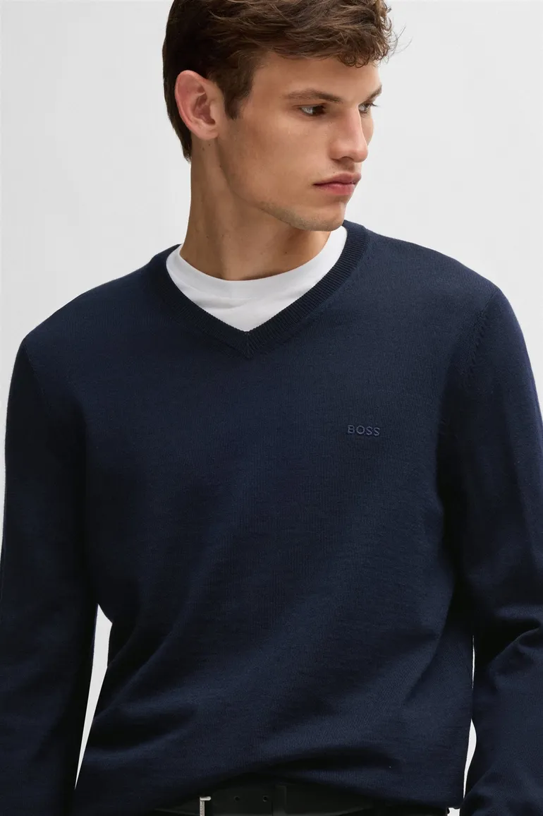 Hugo Boss trui v-hals donkerblauw effen merinowol