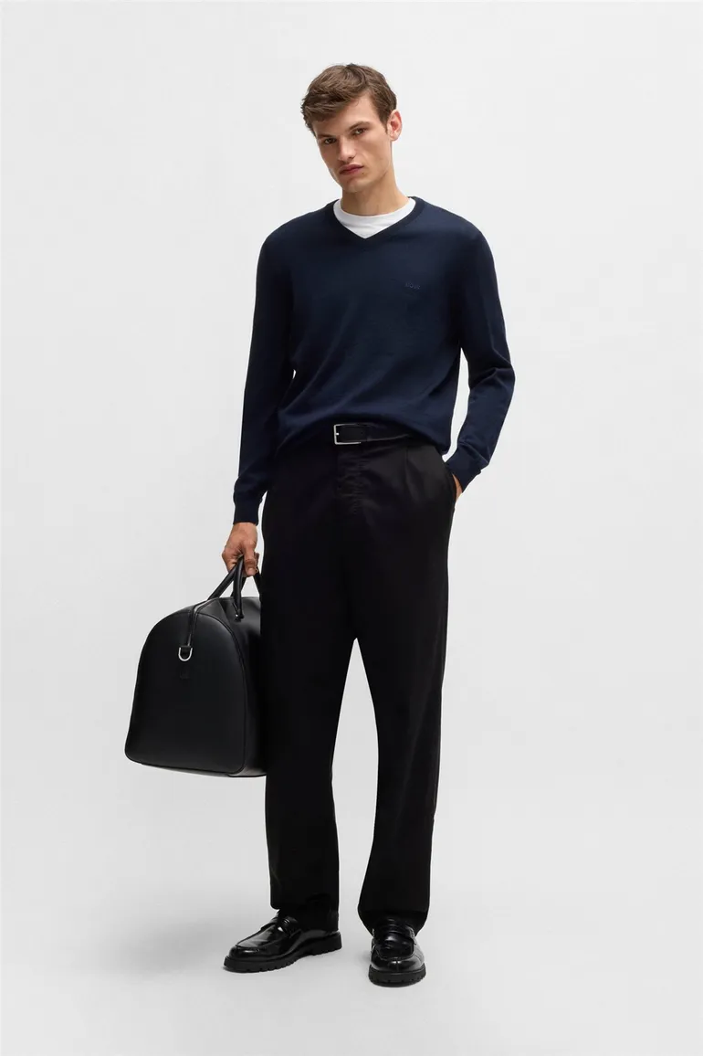 Hugo Boss trui v-hals donkerblauw effen merinowol