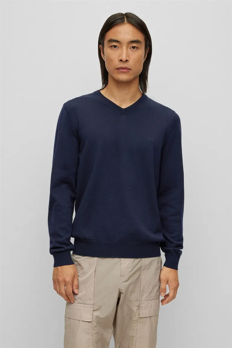 Hugo Boss trui v-hals donkerblauw effen merinowol