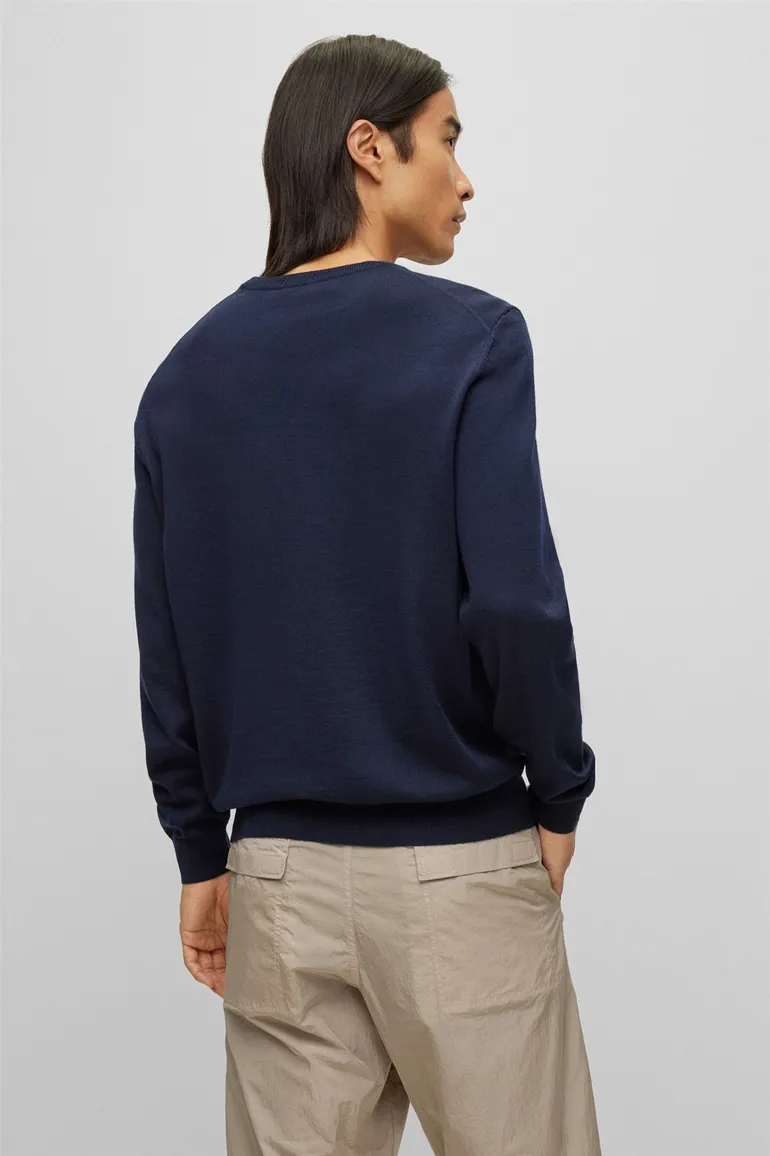 Hugo Boss trui v-hals donkerblauw effen merinowol