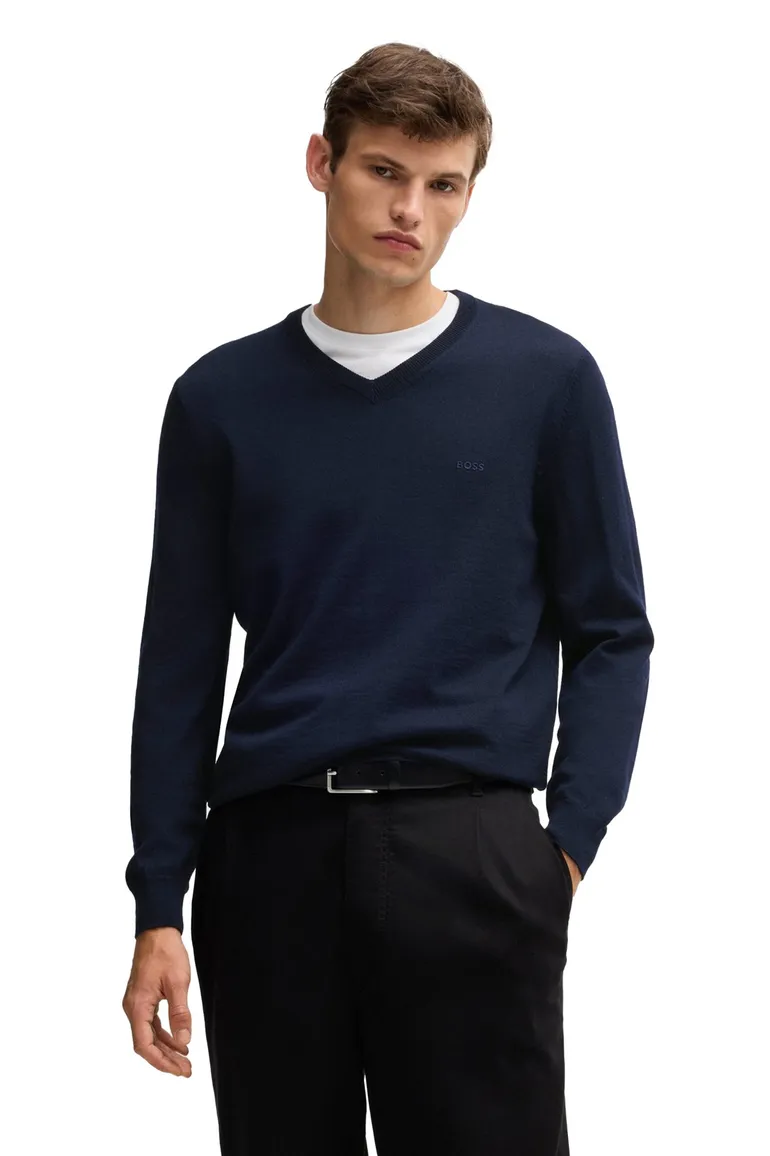 Hugo Boss trui v-hals donkerblauw effen merinowol
