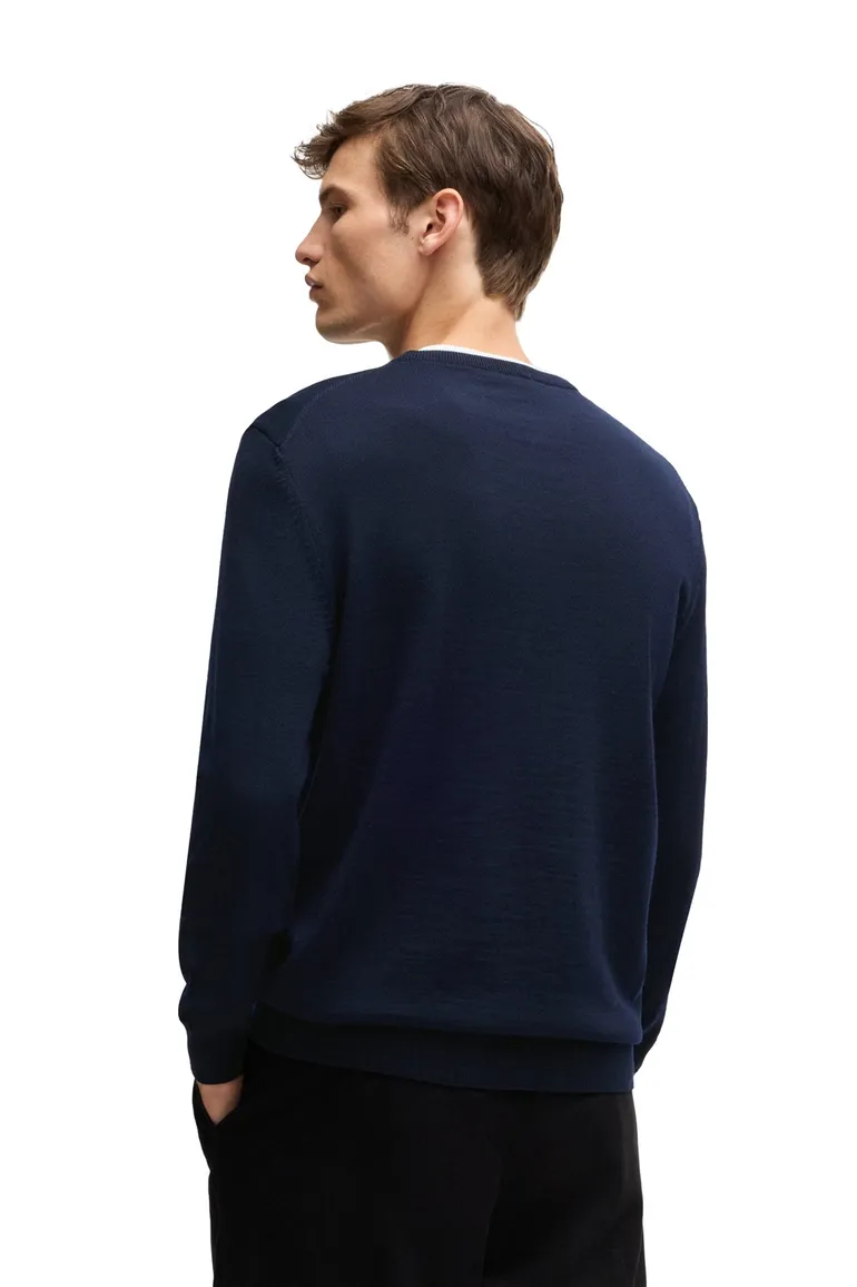 Hugo Boss trui v-hals donkerblauw effen merinowol