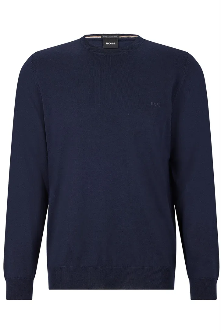 Hugo Boss trui donkerblauw effen merinowol ronde hals