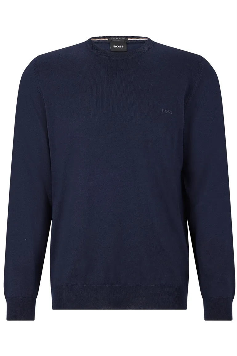 Hugo Boss trui ronde hals donkerblauw effen merinowol