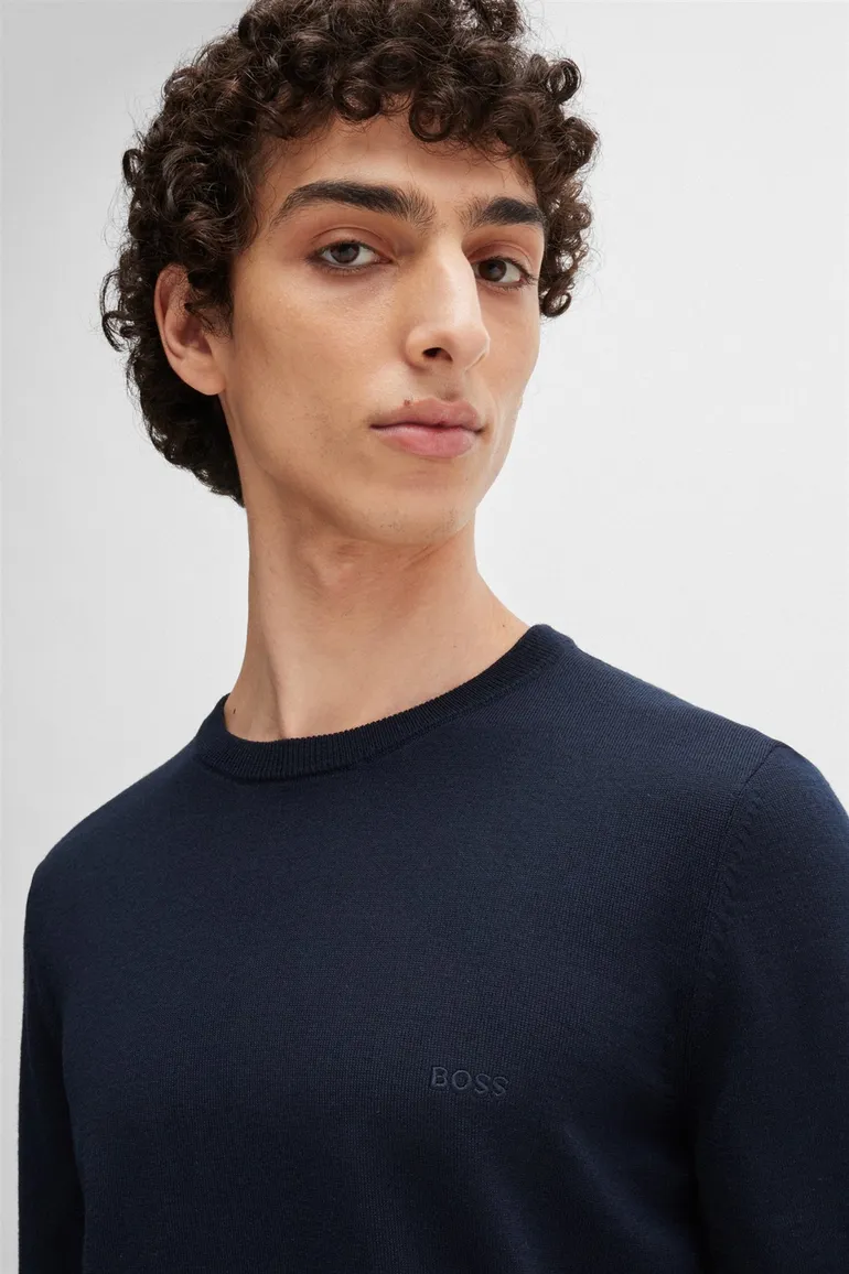 Hugo Boss trui ronde hals donkerblauw effen merinowol