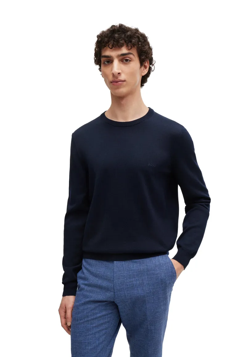 Hugo Boss trui ronde hals donkerblauw effen merinowol