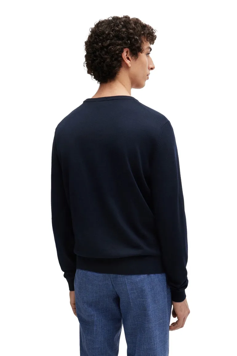 Hugo Boss trui ronde hals donkerblauw effen merinowol