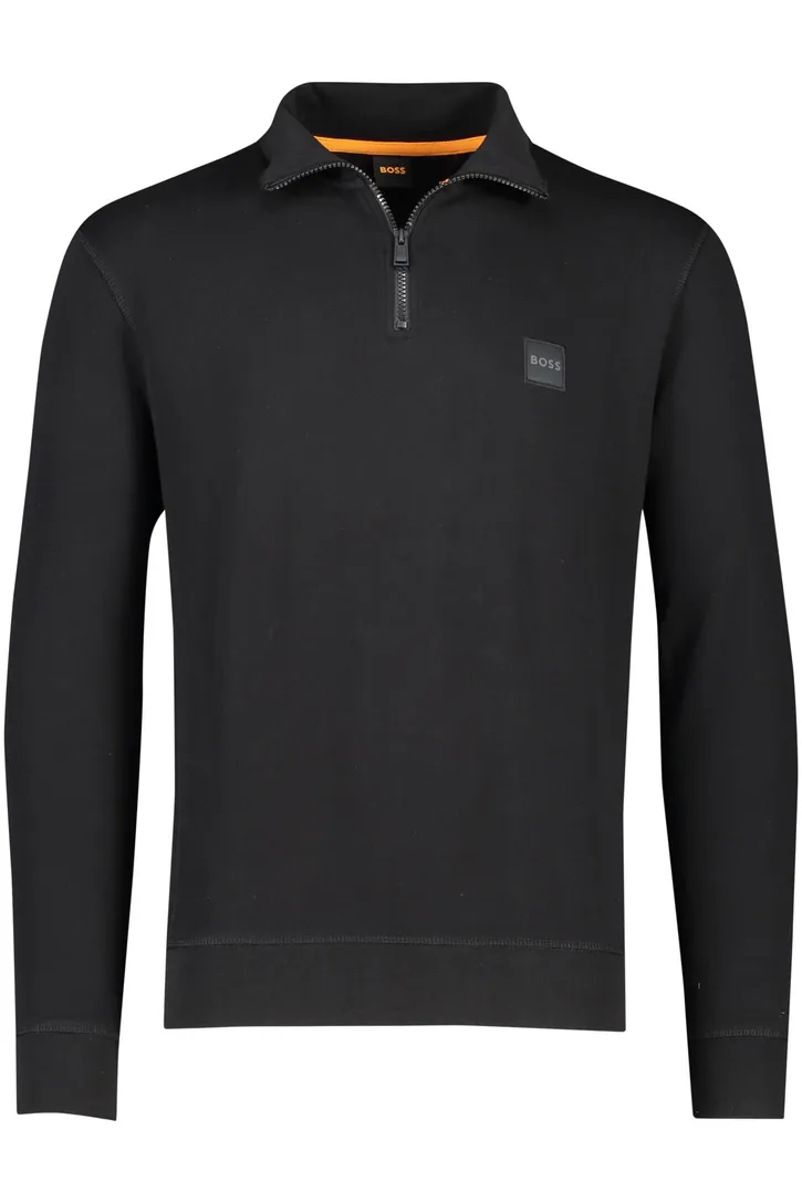 Hugo Boss sweater zwart effen katoen opstaande kraag