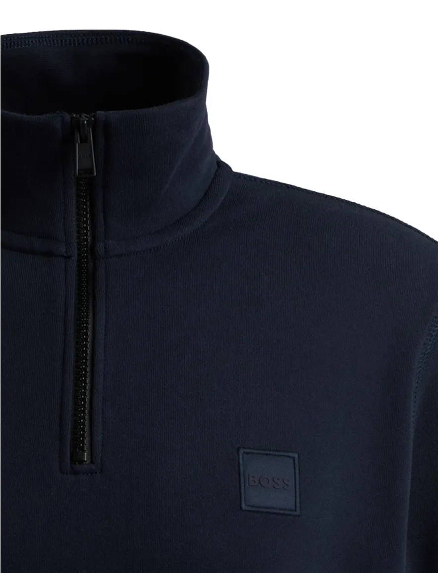 Boss orange trui donkerblauw effen half zip katoen
