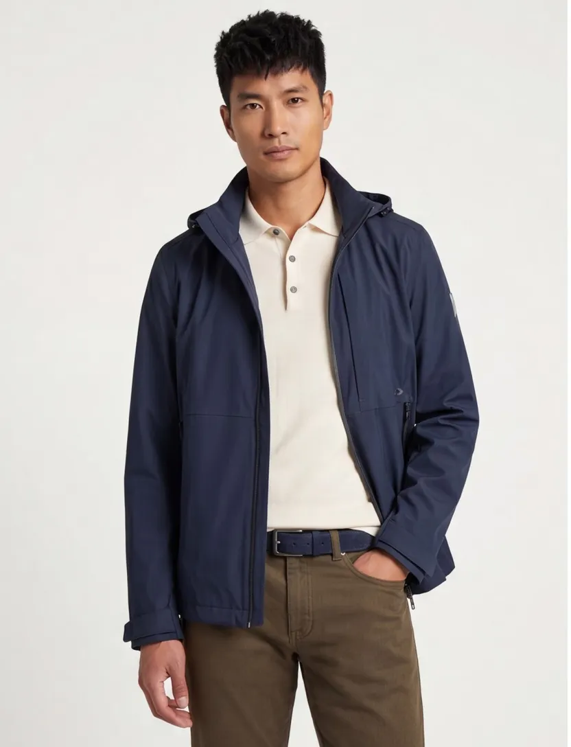 Hugo Boss winterjas donkerblauw effen rits normale fit afneembare capuchon