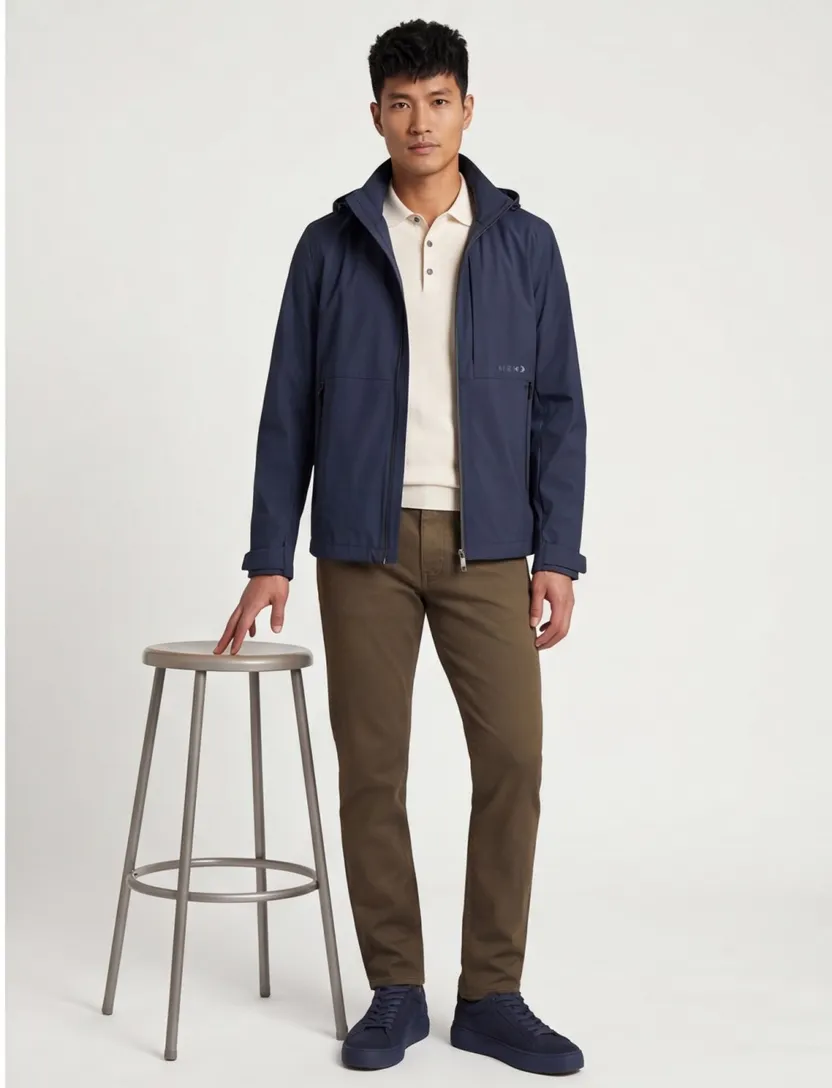 Hugo Boss winterjas donkerblauw effen rits normale fit afneembare capuchon