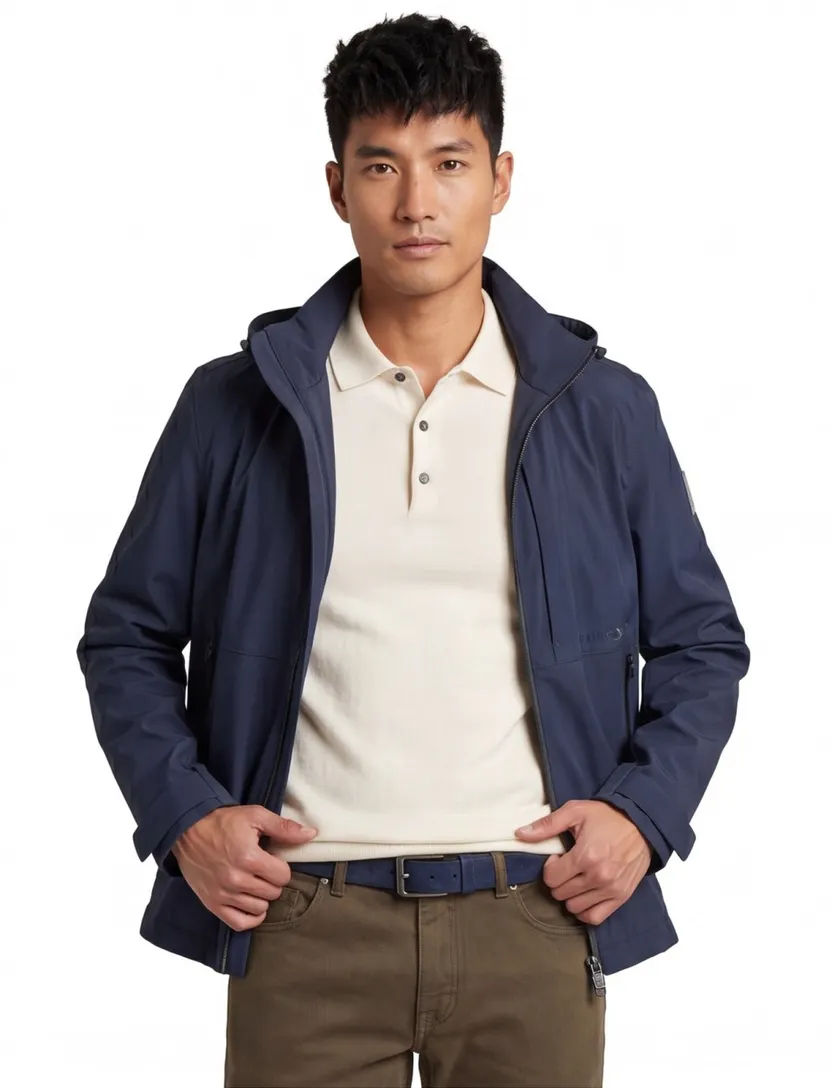 Hugo Boss winterjas donkerblauw effen rits normale fit afneembare capuchon