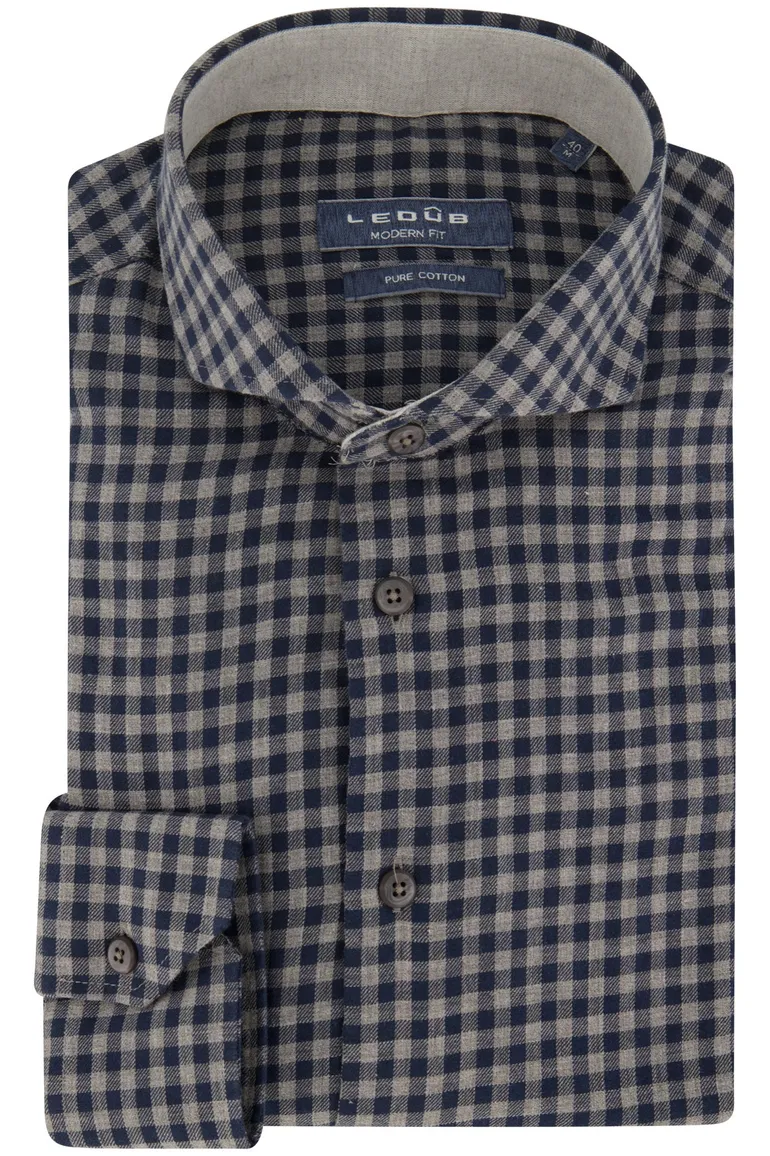 business overhemd Ledub Modern Fit blauw geruit katoen normale fit