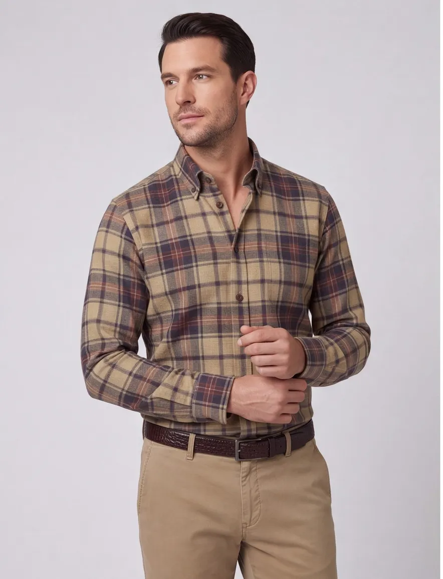 John Miller business overhemd John Miller Tailored Fit normale fit bruin geruit katoen