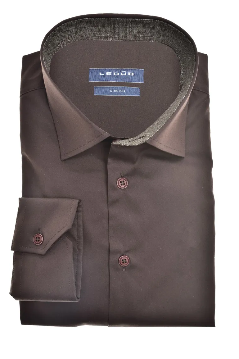 business overhemd Ledub Modern Fit bruin effen katoen normale fit
