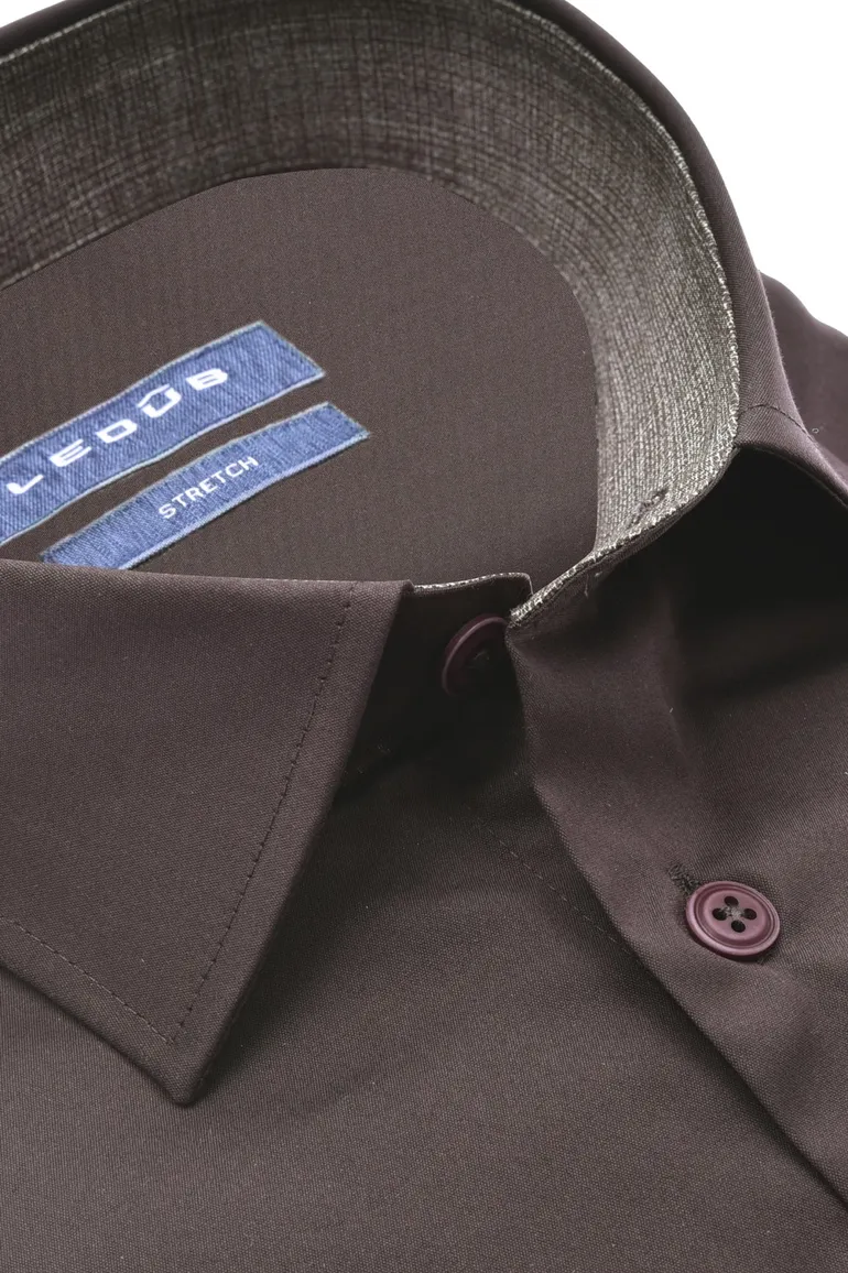 business overhemd Ledub Modern Fit bruin effen katoen normale fit