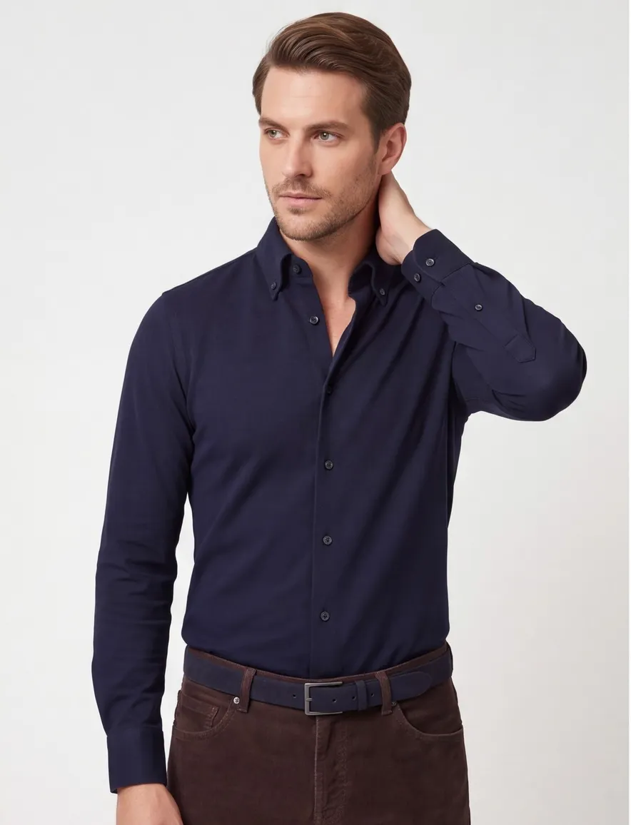 Overhemd Ledub normale fit donkerblauw effen katoen