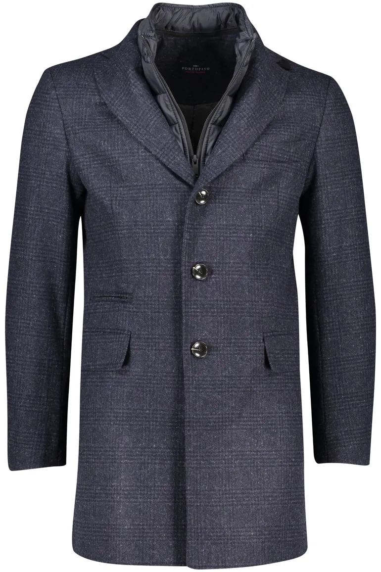 winterjas Portofino donkerblauw normale fit geruit rits + knoop