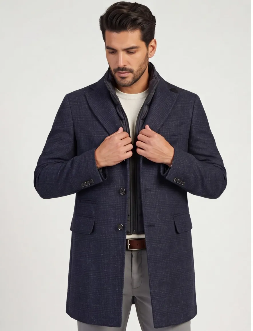 Portofino winterjas donkerblauw geruit rits + knoop normale fit