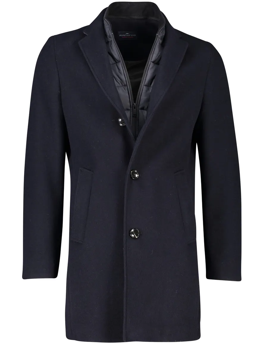 Portofino winterjas donkerblauw effen rits + knoop normale fit wol