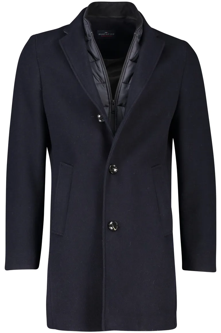 winterjas Portofino donkerblauw normale fit wol effen rits + knoop
