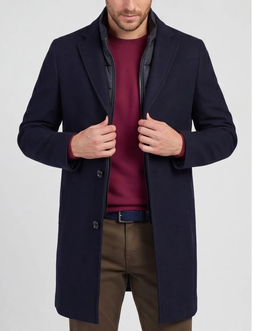 Portofino winterjas donkerblauw effen rits + knoop normale fit wol