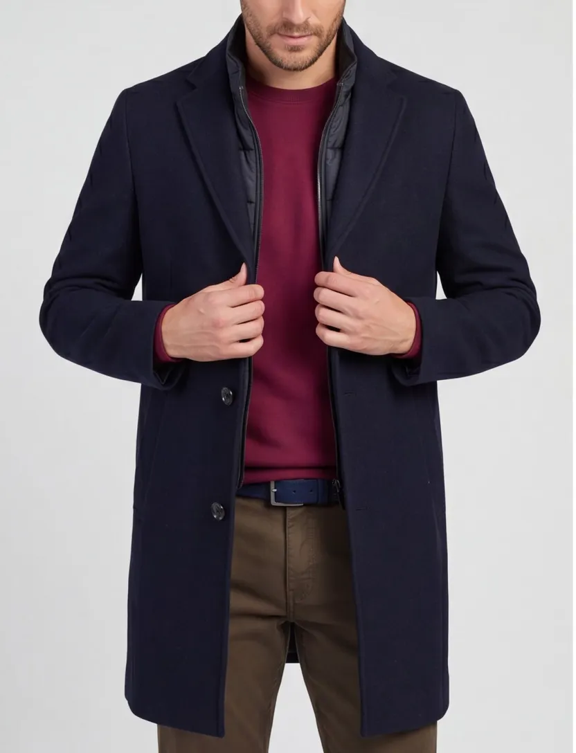 Portofino winterjas donkerblauw normale fit wol effen rits + knoop