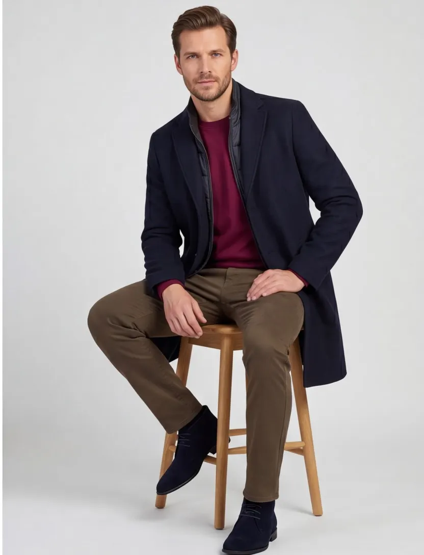 Portofino winterjas donkerblauw normale fit wol effen rits + knoop