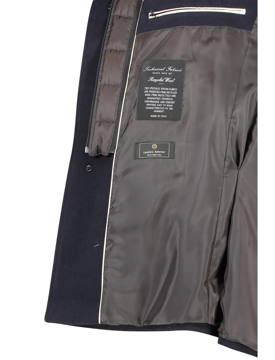 Portofino winterjas donkerblauw effen rits + knoop normale fit wol