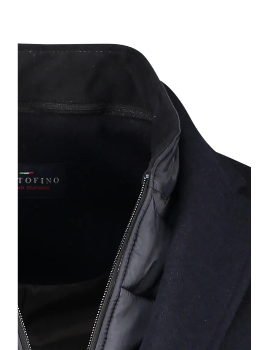 Portofino winterjas donkerblauw effen rits + knoop normale fit wol
