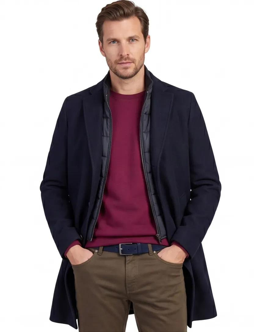 Portofino winterjas donkerblauw normale fit wol effen rits + knoop