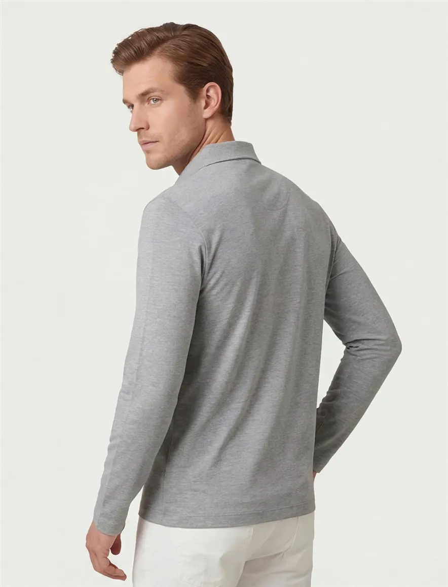 Pierre Cardin polo lange mouw normale fit grijs effen katoen